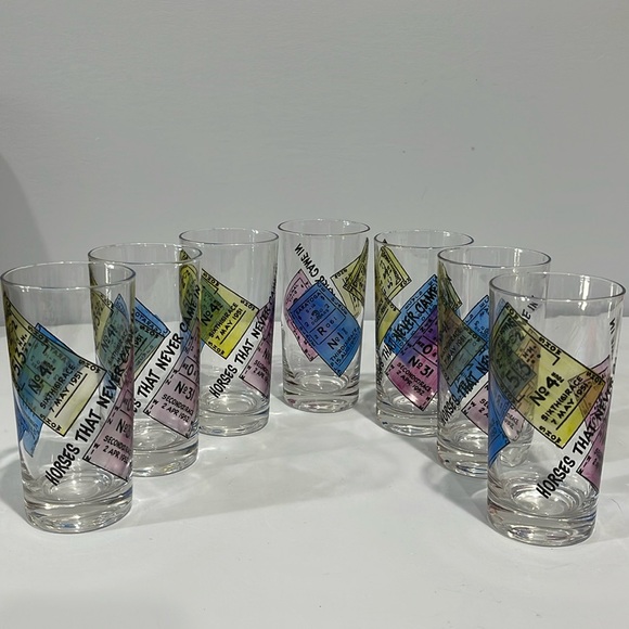 Vintage 1950s drinking glasses tumblers Derby Results equestrian races set of 7